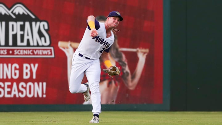 Fort Myers Mighty Mussels outfielder Walker Jenkins (27) throws a ball to the infield during the second inning of a game against the Tampa Tarpons at Hammond Stadium in Fort Myers on Friday, June 28, 2024.