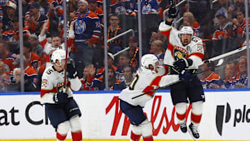 Jun 6, 2025; Edmonton, Alberta, CAN; Florida Panthers center Brad Marchand (63) reacts after making the game winning goal against the Edmonton Oilers during double overtime in game two of the 2025 Stanley Cup Final at Rogers Place. Mandatory Credit: Perry Nelson-Imagn Images