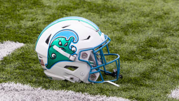 Dec 3, 2022; New Orleans, Louisiana, USA; Tulane Green Wave helmet on the field against the UCF Knights during the first half  at Yulman Stadium. 