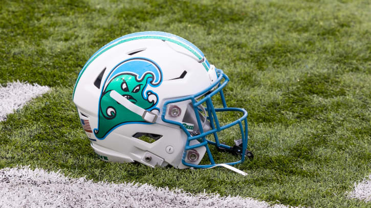 Dec 3, 2022; New Orleans, Louisiana, USA; Tulane Green Wave helmet on the field against the UCF