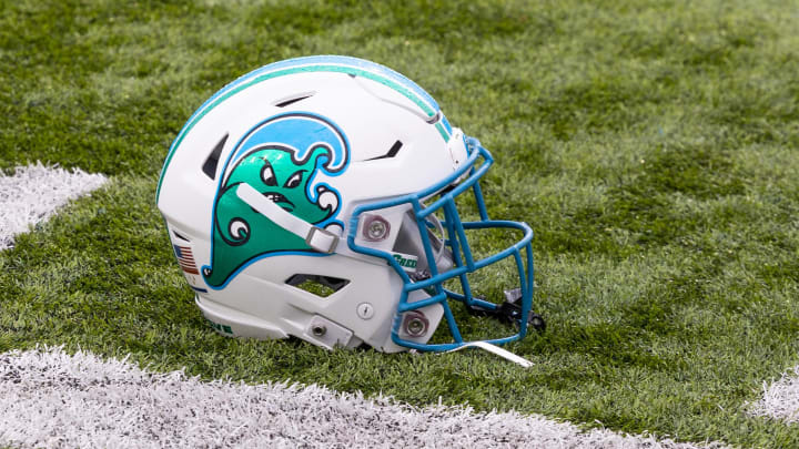 Dec 3, 2022; New Orleans, Louisiana, USA; Tulane Green Wave helmet on the field against the UCF Knights during the first half  at Yulman Stadium