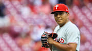 Aug 12, 2025; Cincinnati, Ohio, USA; Philadelphia Phillies starting pitcher Ranger Suarez (55) prepares to pitch in the first inning against the Cincinnati Reds at Great American Ball Park. Mandatory Credit: Katie Stratman-Imagn Images