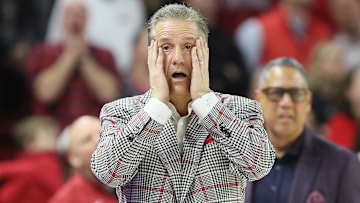 Mar 8, 2025; Fayetteville, Arkansas, USA; Arkansas Razorbacks here coach John Calipari reacts to a call in the second half during the game against the Mississippi State Bulldogs at Bud Walton Arena. Arkansas won 93-92. Mandatory Credit: Nelson Chenault-Imagn Images