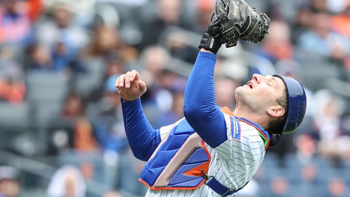 New York Mets catcher Hayden Senger (30) makes a running catch in the fifth inning against the Toronto Blue Jays at Citi Field in New York on April 6, 2025. New York Mets catcher Hayden Senger (30) makes a running catch in the fifth inning against the Toronto Blue Jays at Citi Field in New York on April 6, 2025.