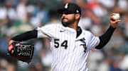 Chicago White Sox starting pitcher Martin Perez (54) pitches against the Boston Red Sox at Rate Field. 