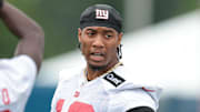 Jul 24, 2024; East Rutherford, NJ, USA; New York Giants safety Isaiah Simmons (19) during training camp at Quest Diagnostics Training Facility.  