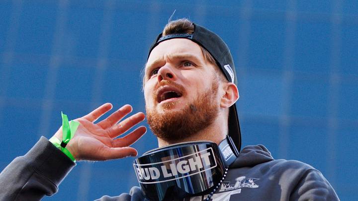 Seattle Seahawks quarterback Sam Darnold reacts during the Super Bowl LX parade