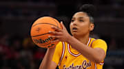 Mar 8, 2025; Indianapolis, IN, USA; South California Trojans guard JuJu Watkins (12) attempts a free throw against Michigan Wolverines during the second half of the Big Ten Conference Tournament semifinals at Gainbridge Fieldhouse. Mandatory Credit: Stephanie Amador Blondet-Imagn Images