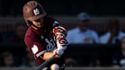 Mississippi State Bulldogs' Bryce Chance (38) swings at the ball as Auburn Tigers baseball plays Mississippi State Bulldogs at Plainsman Park in Auburn, Ala.