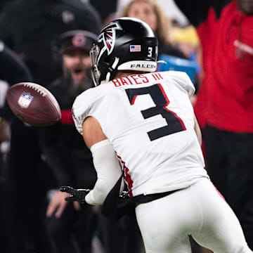 Sep 16, 2024; Philadelphia, Pennsylvania, USA; Atlanta Falcons safety Jessie Bates III (3) intercepts the ball on the Philadelphia Eagles final drive during the fourth quarter at Lincoln Financial Field. 