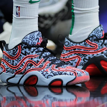 Mar 14, 2025; Miami, Florida, USA; A view of the shoes worn by Boston Celtics forward Jayson Tatum (0) during the game against the Miami Heat at Kaseya Center.
