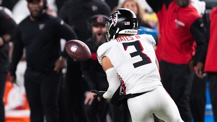 Sep 16, 2024; Philadelphia, Pennsylvania, USA; Atlanta Falcons safety Jessie Bates III (3) intercepts the ball on the Philadelphia Eagles final drive during the fourth quarter at Lincoln Financial Field. 