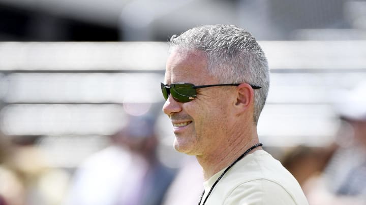 Apr 20, 2024; Tallahassee, Florida, USA; Florida State Seminoles head coach Mike Norvell smiles during the Spring Showcase at Doak S. Campbell Stadium. Mandatory Credit: Melina Myers-USA TODAY Sports