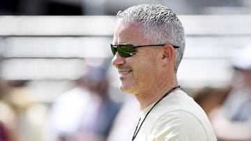 Apr 20, 2024; Tallahassee, Florida, USA; Florida State Seminoles head coach Mike Norvell smiles during the Spring Showcase at Doak S. Campbell Stadium. Mandatory Credit: Melina Myers-Imagn Images