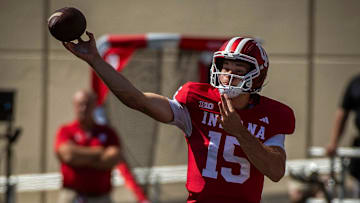 Indiana's Fernando Mendoza (15) makes the catch during the Indiana versus Kennesaw State Big Ten football game at Memorial Stadium on Saturday, Sept. 6, 2025.