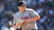 Apr 12, 2025; Chicago, Illinois, USA; Boston Red Sox starting pitcher Richard Fitts (80) pitches during the first inning against the Chicago White Sox at Rate Field. Mandatory Credit: Patrick Gorski-Imagn Images