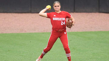 Indiana RF Kinsey Mitchell (24) throws the ball in during an NCAA Regional game between Tennessee and Indiana, at Sherri Parker Lee Stadium, Saturday, May 20, 2023.