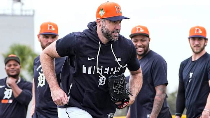 Detroit Tigers pitcher Justin Verlander practices during spring training at TigerTown in Lakeland, Fla. on Wednesday, Feb. 11, 2026.