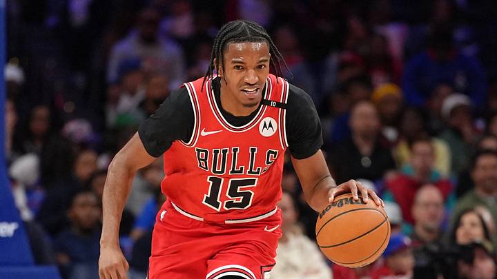 Apr 13, 2025; Philadelphia, Pennsylvania, USA; Chicago Bulls forward Julian Phillips (15) drives with the ball against the Philadelphia 76ers in the third quarter at Wells Fargo Center. Mandatory Credit: Kyle Ross-Imagn Images