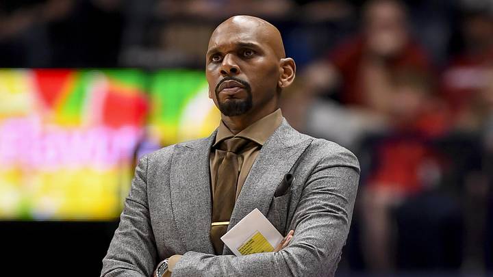 Mar 13, 2024; Nashville, TN, USA;  Vanderbilt Commodores head coach Jerry Stackhouse watches against the Arkansas Razorbacks during the second half at Bridgestone Arena. Mandatory Credit: Steve Roberts-Imagn Images