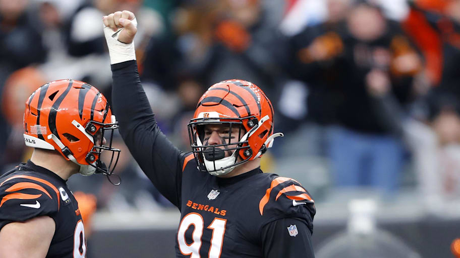 Jan 8, 2023; Cincinnati, Ohio, USA; Cincinnati Bengals defensive end Trey Hendrickson (91) celebrates the sack with defensive end Sam Hubbard (94) during the fourth quarter against the Baltimore Ravens at Paycor Stadium. Mandatory Credit: Joseph Maiorana-Imagn Images | Joseph Maiorana-Imagn Images
