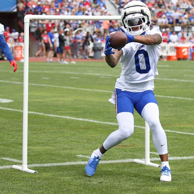 Keon Coleman pulls in a pass during Buffalo Bills training camp at St. John Fisher Universit