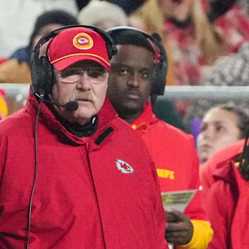 Dec 8, 2024; Kansas City, Missouri, USA; Kansas City Chiefs head coach Andy Reid watches play against the Los Angeles Chargers during the second half at GEHA Field at Arrowhead Stadium. Mandatory Credit: Denny Medley-Imagn Images