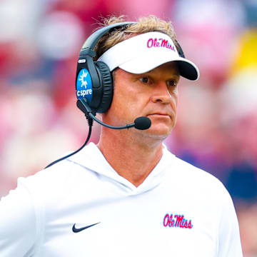 Norman, Oklahoma, USA;  Ole Miss Rebels head coach Lane Kiffin reacts during the second half against the Oklahoma Sooners at Gaylord Family-Oklahoma Memorial Stadium.