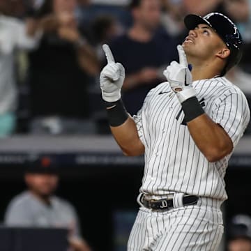 Sep 6, 2023; Bronx, New York, USA;  New York Yankees center fielder Jasson Dominguez (89) at Yankee Stadium. Mandatory Credit: Wendell Cruz-Imagn Images