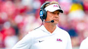 Oct 25, 2025; Norman, Oklahoma, USA;  Ole Miss Rebels head coach Lane Kiffin reacts during the second half against the Oklahoma Sooners at Gaylord Family-Oklahoma Memorial Stadium. Mandatory Credit: Kevin Jairaj-Imagn Images