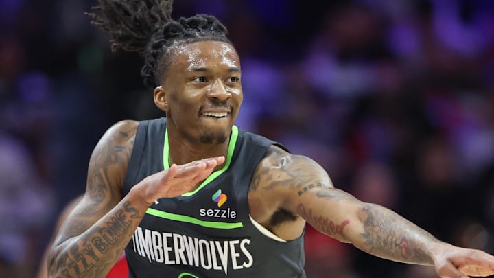 Apr 3, 2026; Philadelphia, Pennsylvania, USA; Minnesota Timberwolves guard Bones Hyland (8) reacts to his three pointer against the Philadelphia 76ers during the second quarter at Xfinity Mobile Arena. Mandatory Credit: Bill Streicher-Imagn Images