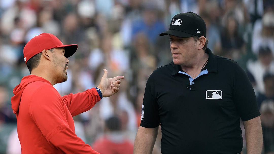 Angels manager Kurt Suzuki (8) argues with third base umpire Chris Conroy in the third inning of their game against the Detroit Tigers at Comerica Park on May 27, 2026. Angels manager Kurt Suzuki (8) argues with third base umpire Chris Conroy in the third inning of their game against the Detroit Tigers at Comerica Park on May 27, 2026.