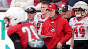 White Louisville’s head coach Jeff Brohm watches his team against Red Louisville in the Spring Game Friday night at L & N Stadium.
April 11, 2025