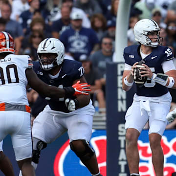 Penn State quarterback Drew Allar looks to throw a pass during the second quarter against the Bowling Green Falcons at Beaver Stadium. 