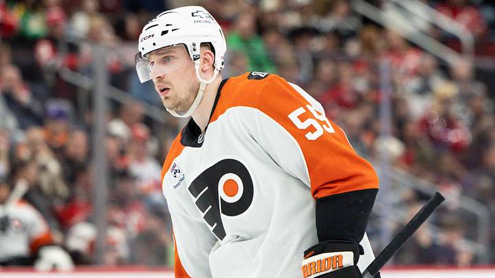 Apr 7, 2026; Newark, New Jersey, USA; Philadelphia Flyers defenseman Rasmus Ristolainen (55) takes a break during a stoppage in play against the New Jersey Devils during the second period at Prudential Center. 