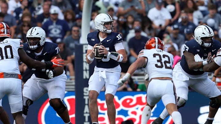 Penn State quarterback Drew Allar looks to throw a pass during the second quarter against the Bowling Green Falcons at Beaver Stadium. 