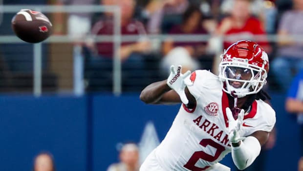 Razorbacks wide receiver Andrew Armstrong (2) makes a catch during the second half against Texas A&M