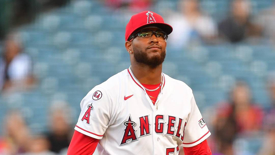 Los Angeles Angels pitcher Walbert Urena (57) reacts