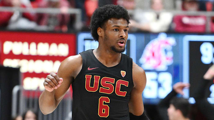 Feb 29, 2024; Pullman, Washington, USA; USC Trojans guard Bronny James (6) controls the ball.