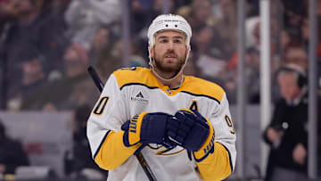 Mar 14, 2025; Anaheim, California, USA; Nashville Predators center Ryan O'Reilly (90) skates against the Anaheim Ducks during the third period at Honda Center. Mandatory Credit: Ryan Sun-Imagn Images