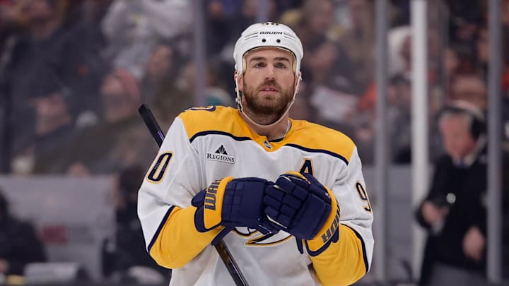 Mar 14, 2025; Anaheim, California, USA; Nashville Predators center Ryan O'Reilly (90) skates against the Anaheim Ducks during the third period at Honda Center. Mandatory Credit: Ryan Sun-Imagn Images