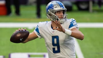 Nov 8, 2020; Minneapolis, Minnesota, USA; Detroit Lions quarterback Matthew Stafford (9) throws a pass against the Minnesota Vikings in the third quarter at U.S. Bank Stadium. Mandatory Credit: Brad Rempel-Imagn Images
