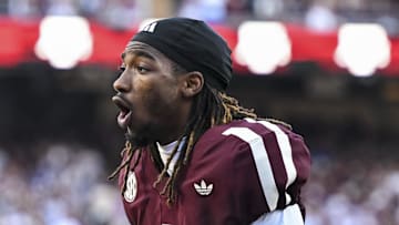 Oct 11, 2025; College Station, Texas, USA; Texas A&M Aggies wide receiver Mario Craver (1) reacts prior to the game against the Florida Gators at Kyle Field. Mandatory Credit: Maria Lysaker-Imagn Images 