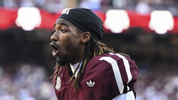 Oct 11, 2025; College Station, Texas, USA; Texas A&M Aggies wide receiver Mario Craver (1) reacts prior to the game against the Florida Gators at Kyle Field. Mandatory Credit: Maria Lysaker-Imagn Images 