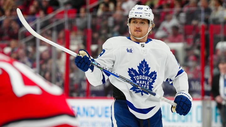 Apr 13, 2025; Raleigh, North Carolina, USA;  Toronto Maple Leafs right wing William Nylander (88) looks on against the Carolina Hurricanes during the second period at Lenovo Center. Mandatory Credit: James Guillory-Imagn Images