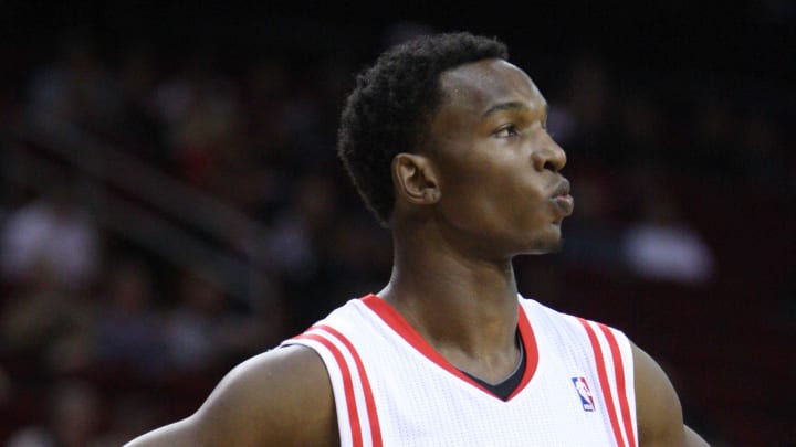 Jan 28, 2012; Houston, TX, USA; Houston Rockets center Hasheem Thabeet (32) rests against the New York Knicks during the fourth quarter at the Toyota Center. The Rockets won 97-84. Mandatory Credit: Thomas Campbell-US Presswire