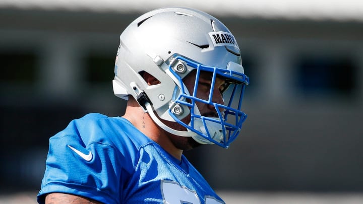 Detroit Lions offensive lineman Christian Mahogany (73) practices during rookie minicamp at Detroit Lions headquarters and practice facility in Allen Park on Friday, May 10, 2024.