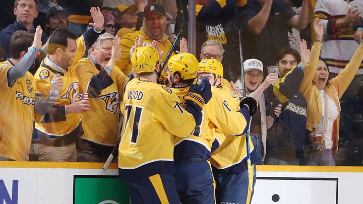 Apr 13, 2026; Nashville, Tennessee, USA; Nashville Predators celebrate a goal during the third period of their game against the San Jose Sharks at Bridgestone Arena. Mandatory Credit: Alan Poizner-Imagn Images Apr 13, 2026; Nashville, Tennessee, USA; Nashville Predators celebrate a goal during the third period of their game against the San Jose Sharks at Bridgestone Arena. Mandatory Credit: Alan Poizner-Imagn Images