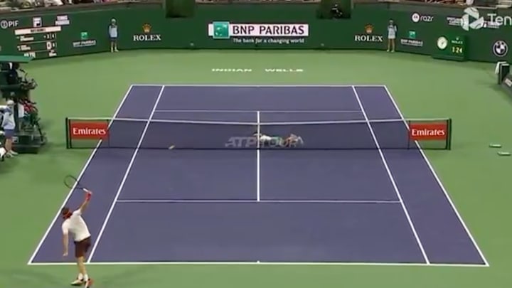 Thiago Seyboth Wild fell down against Stefanos Tsitsipas and still won the point. 