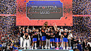 The Gators celebrate their 2025 men’s college basketball national championship.
